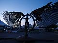 Metal-winged Christy silhouetted